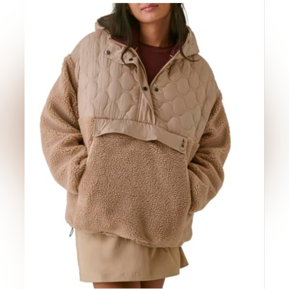 New!!OutdoorWomen Contrast Hood Sherpa Soft Pullover Jacket Toasted Nut Size XL